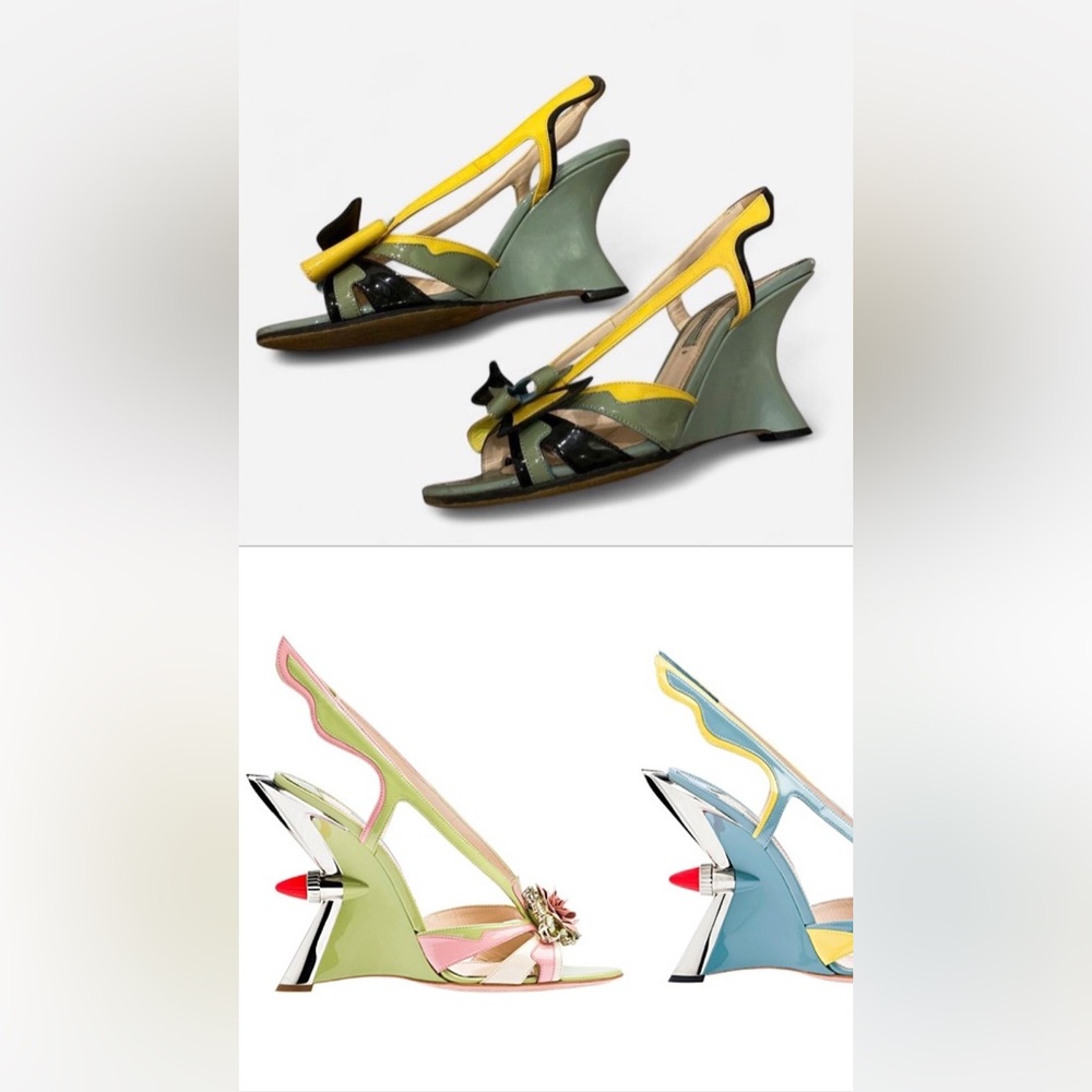 SS12 Hot Rod Prada Yellow, Sage Green & Black Patent Leather Bow Slingback Heels